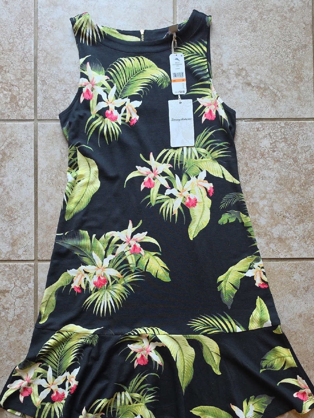 Tropical Floral Sleeveless Ruffle-Hem Dress - Black with Green & Pink